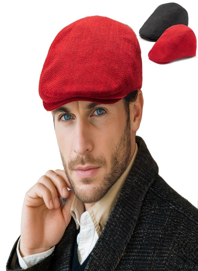 LADYBRO 2Pack Unisex Flat Cap Newsboy Hats for Men Women, Summer Casual Adjustable (Cotton, Polyester, 04486 Black+Red) - Image 1